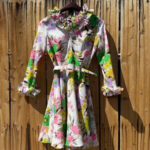 Vintage Dress Fit Flare Long Sleeve 60s 70s Mr Bob Bright Floral Belted Ruffle